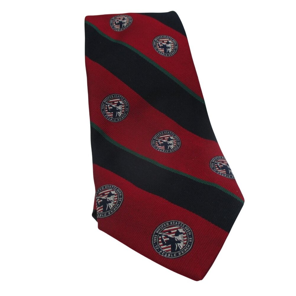 Robert Talbott Pebble Beach Carmel Red/Blue Striped Tie W/Logos 100% Silk USA
